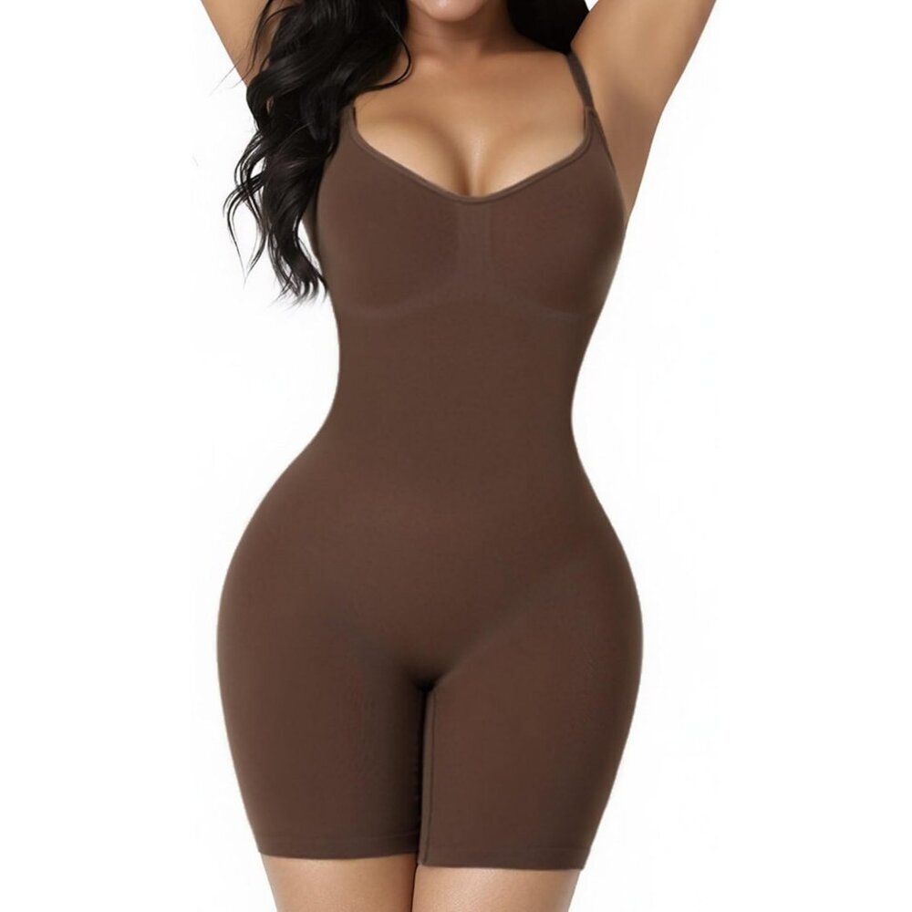 Women's Tummy Control Body Shaper Dark Brown Bodysuit Shapewear Straps Slimming